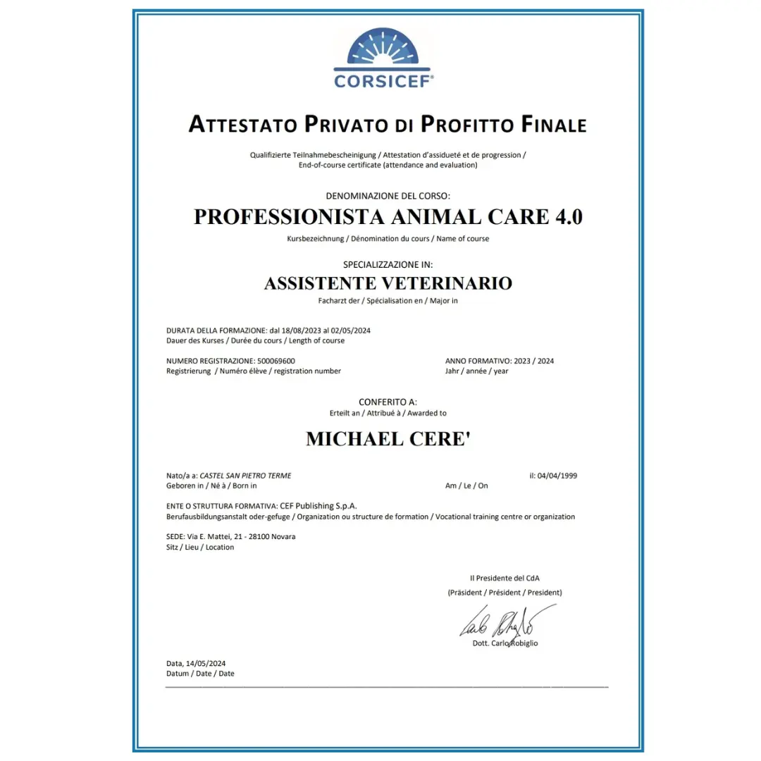 Certificate of animal care and veteriarian assistant